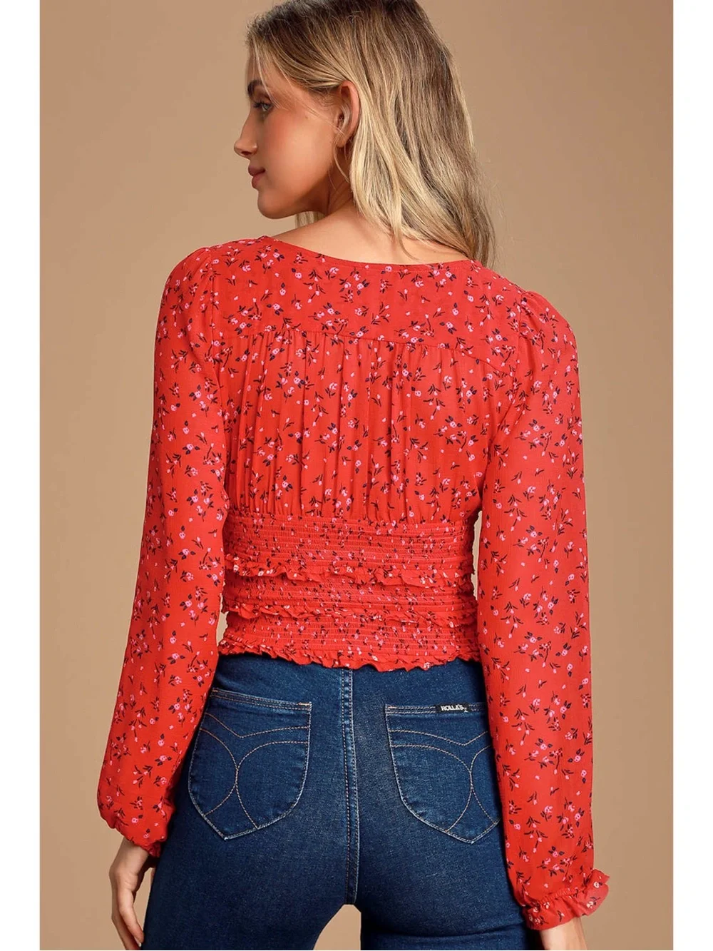 Sz XS Free People Lolita Red Floral Print Smocked Long Sleeve Crop Top EUC